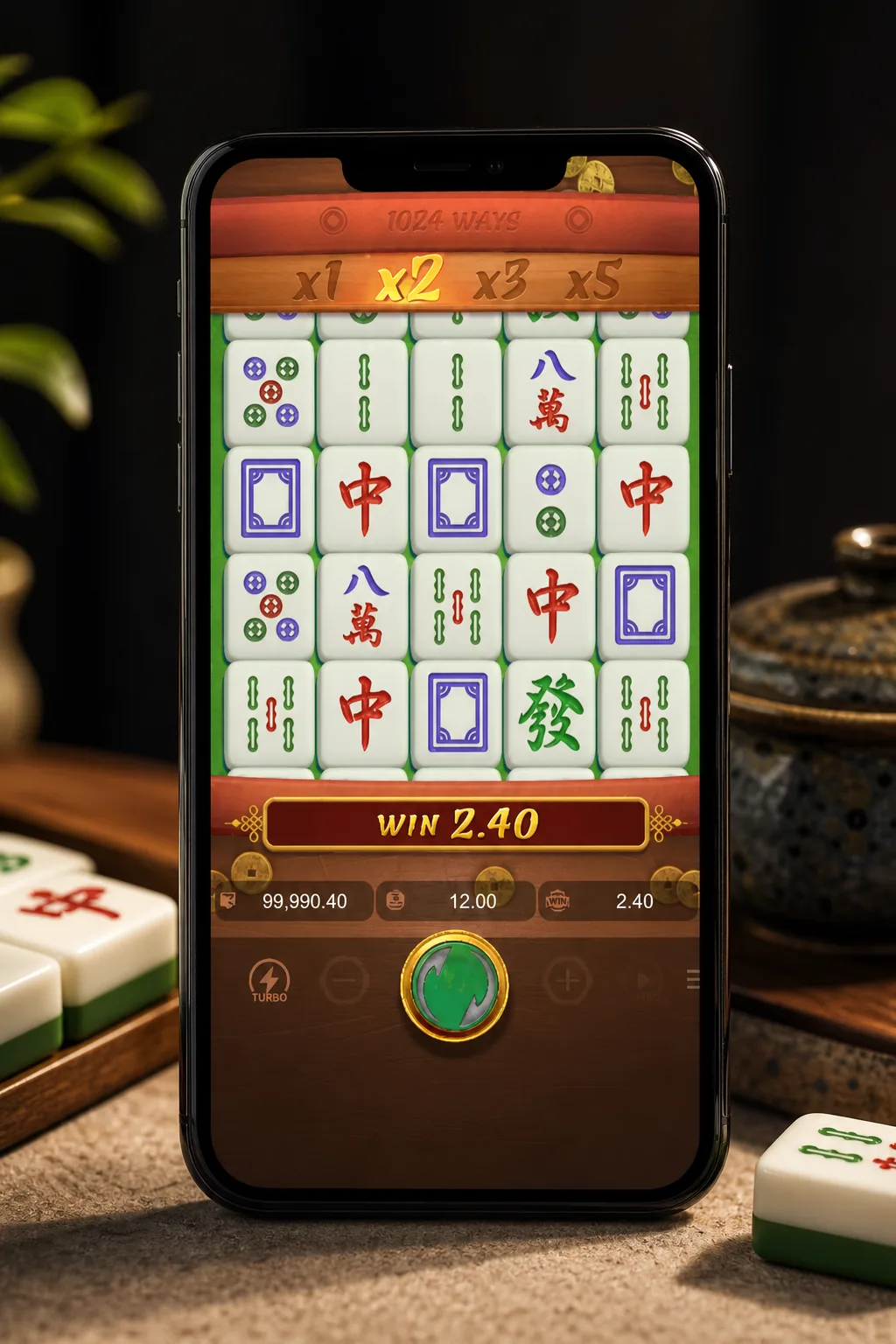 Mahjong Ways screenshot - cascading tile win with multiplier display
